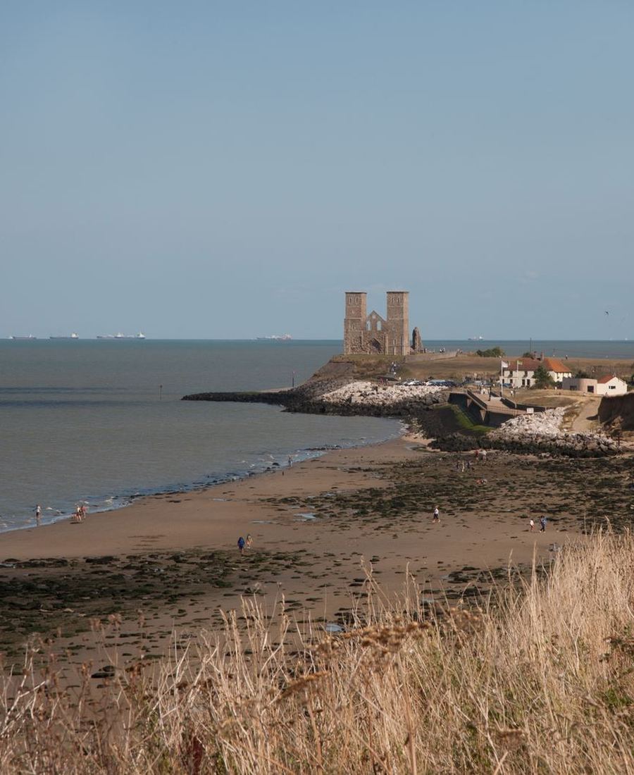 Reculver Towers seen across the shore on the north Kent coast
