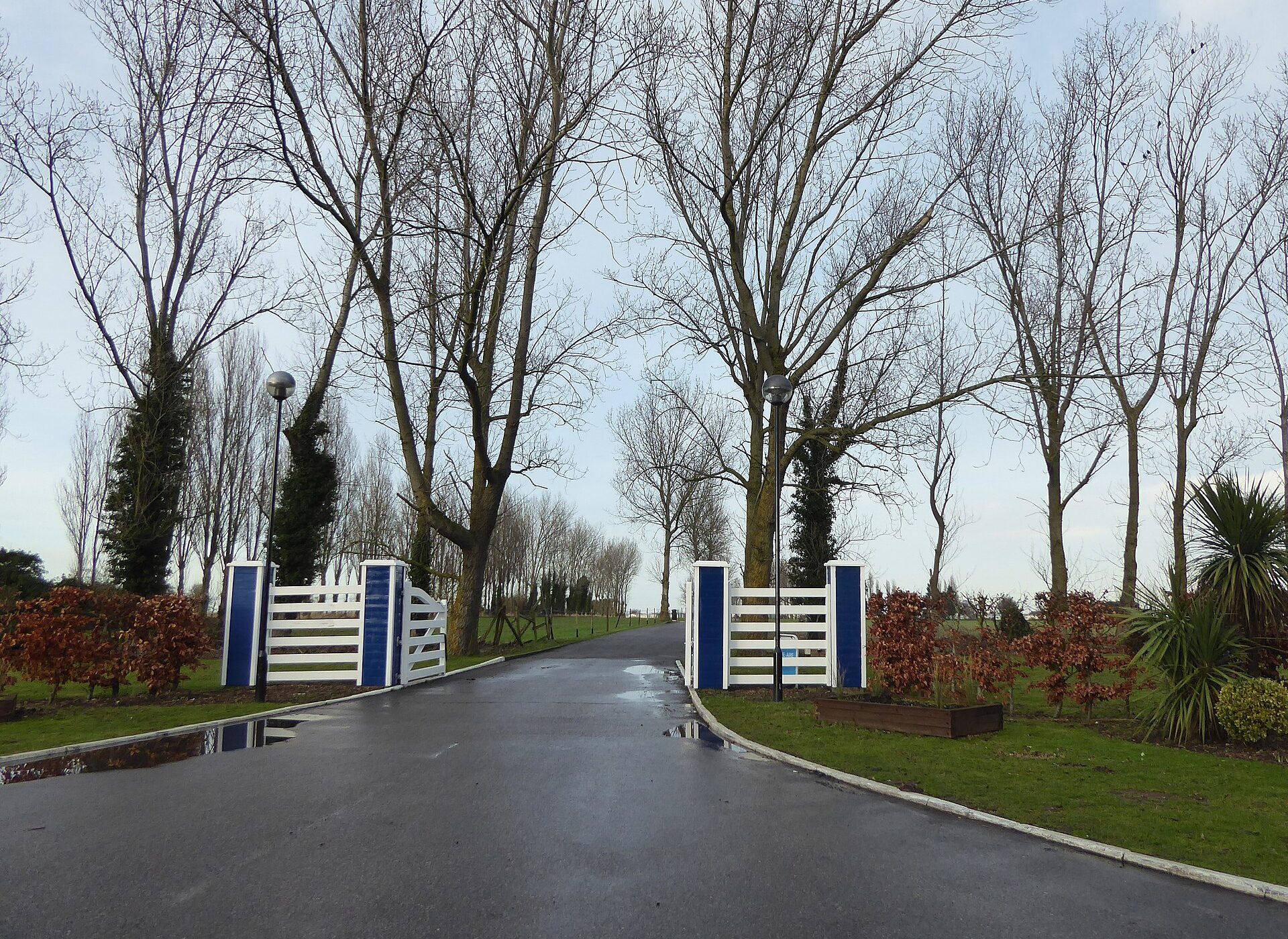 The tree-lined entrance road and gates at Ashcroft Coast Holiday Park